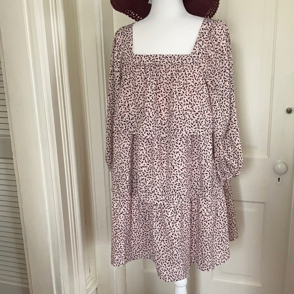 Cottage core dress, pink with black leaf print (M) - Picture 1 of 7